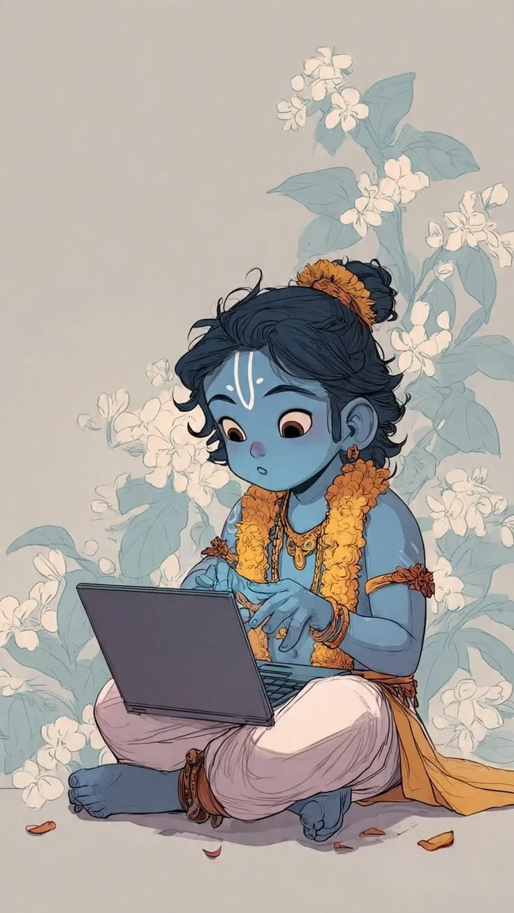 A young Krishna sitting cross-legged with a laptop, among jasmine flowers